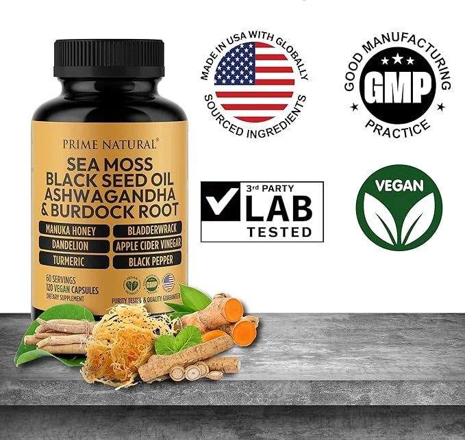 Sea Moss 3000mg Black Seed Oil 2000mg Ashwagandha 1000mg Turmeric 1000mg Bladderwrack 1000mg Burdock 1000mg Manuka 120 Cap...