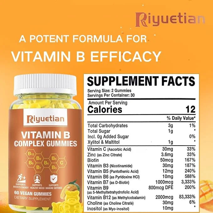 Vitamin B Complex Gummies with Biotin,Choline 60 Vegan