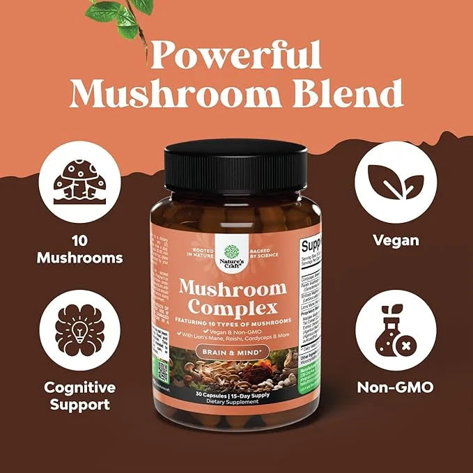 Extra Strength Mushroom Complex Capsules 10X Lions 1330mg Adaptogenic