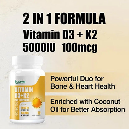 Vitamin D3 K2 Supplement with MCT Oil, Vitamin D3 5000 IU and K2 100 mcg Softgel, Bone and Heart Health Support Supplement...