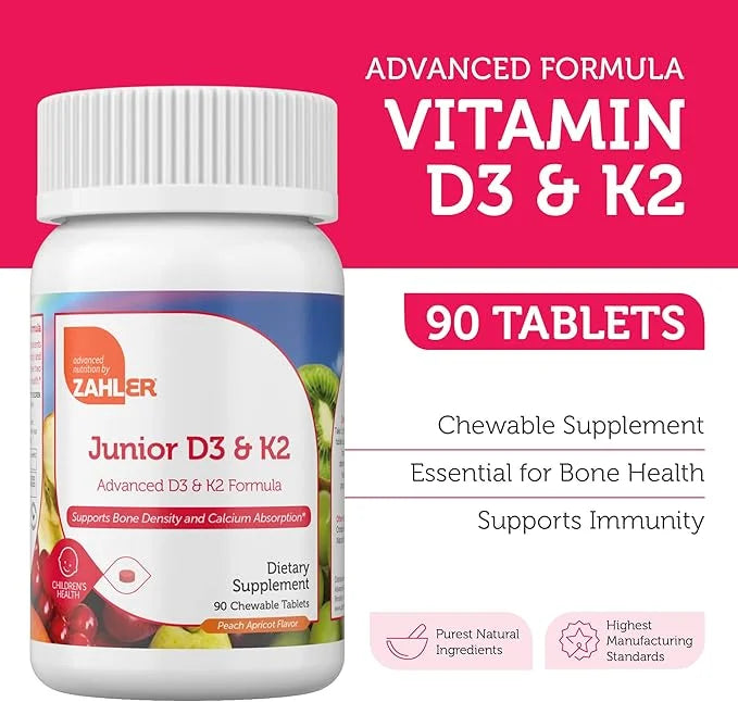 Zahler - Junior Vitamin D3 + K2 Chewable Tablets for Kids| Vitamin D for Kids 2000 IU | Delicious Vitamin D K2 Chews to Su...