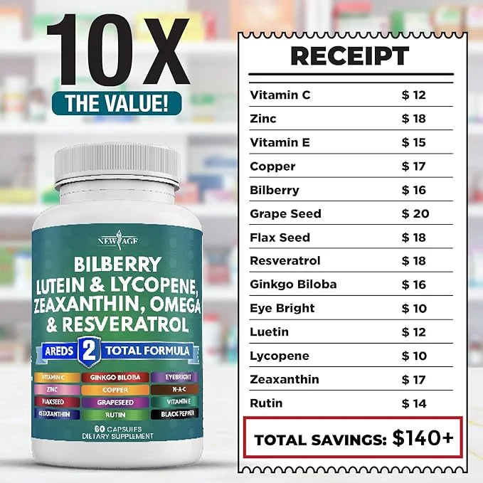 NEW AGE Eye Health Vitamins 6000mg Lutein 40mg Lycopene 40mg Resveratrol 3000mg Grape 6000mg Astaxanthin 180 Count