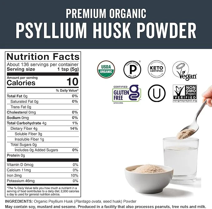 Viva Naturals Organic Psyllium Husk Powder, 24 oz - Finely Ground, Unflavored Plant Based Superfood - Good Source of Fiber...