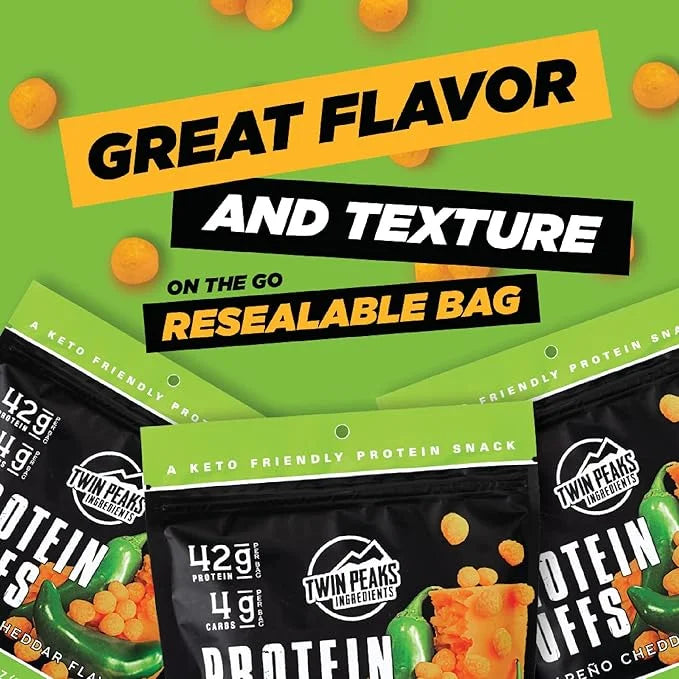 Twin Peaks Low Carb, Keto Friendly Protein Puffs, (Jalapeno Cheddar, 2.1 Ounce), 2 Servings, 3 Pack (60g, 42g Protein, 4g ...