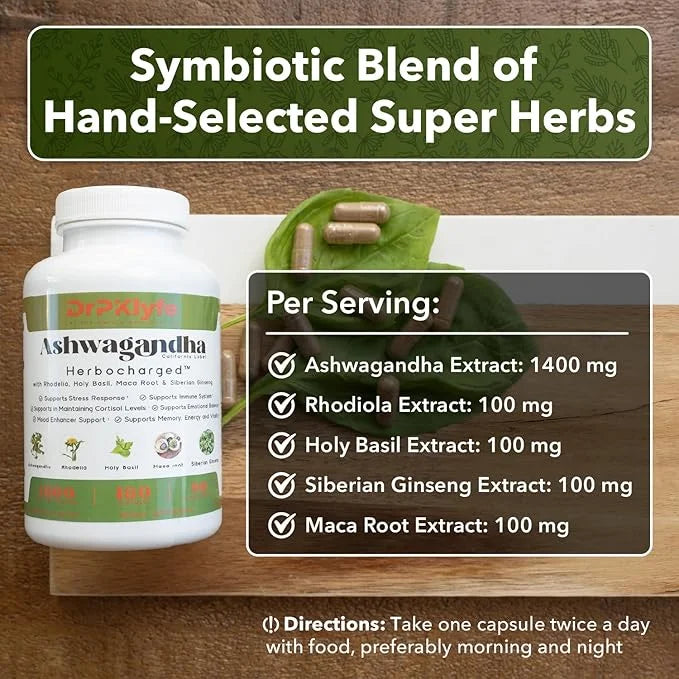 Adaptogen Supplement - Ashwagandha Complex Blend 5-in-1 with 3 Month (180 Capsules)