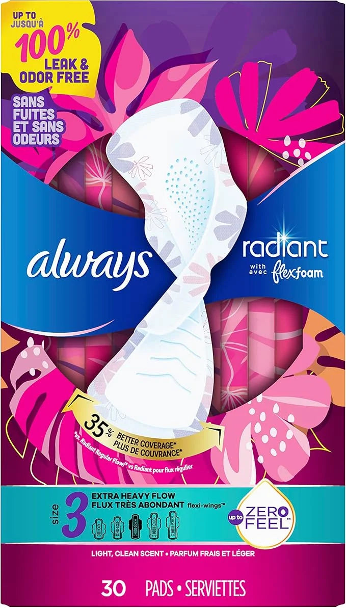 Always Radiant Feminine Pads for Women, 3 Extra 30 CT