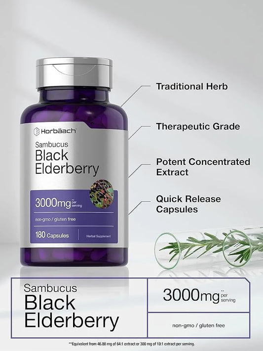 Horbäach Black Elderberry 3000mg Capsules 180 Count