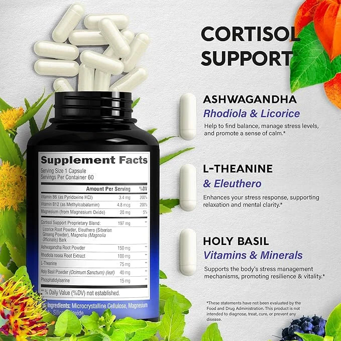 Cortisol Supplement for Women - Natural Based Hormone Balance - Ashwagandha | Rhodiola | Holy Basil | L-Theanine - Mood, F...