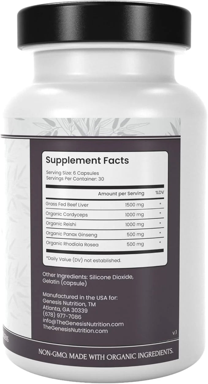 Grass Fed Beef Liver with Reishi 4500mg Iron, B12, Energy, 180 Capsules