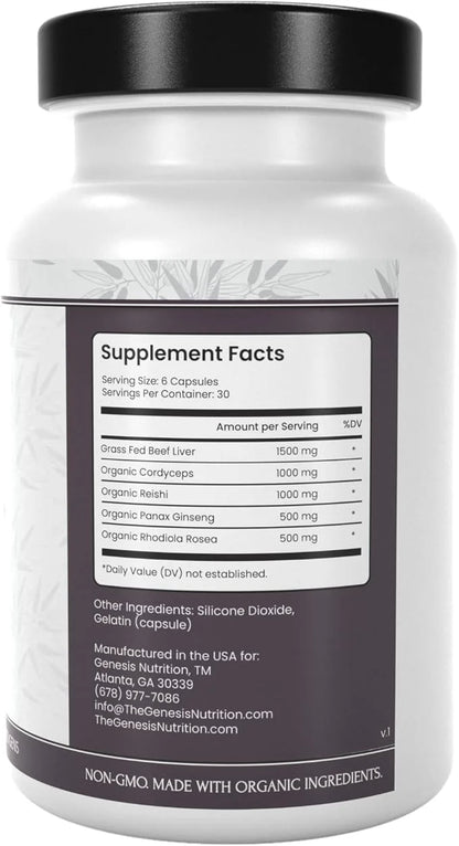 Grass Fed Beef Liver with Reishi 4500mg Iron, B12, Energy, 180 Capsules
