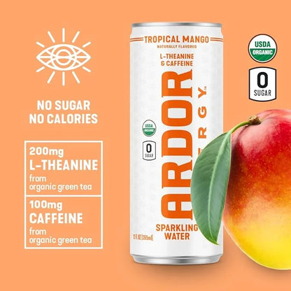 ARDOR ENERGY Sparkling Water Tropical Mango 12 pack with 100mg Organic Caffeine from Green Tea & 200mg Organic L-Theanine ...