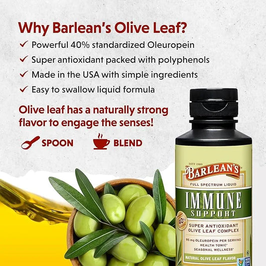 Barlean's Olive Leaf Complex Liquid Immune Support Supplement with 95mg Oleuropein Antioxidants, 8 Ounce - Product Image