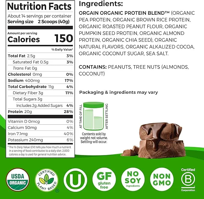 Orgain Organic Simple Vegan Protein Powder, Chocolate - 20g Plant Based Protein, Made with less Ingredients, No Artificial...
