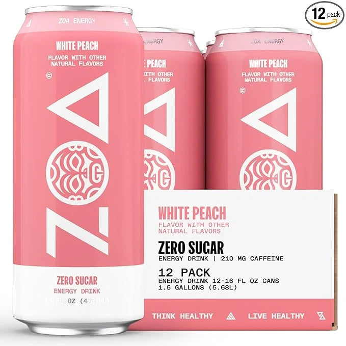 ZOA Zero Sugar Energy Drinks, White Peach - Sugar Free with Electrolytes, Healthy Vitamin C, Amino Acids, Essential B-Vita...