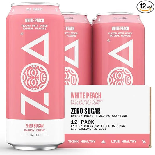 ZOA Zero Sugar Energy Drinks, White Peach - Sugar Free with Electrolytes, Healthy Vitamin C, Amino Acids, Essential B-Vita...