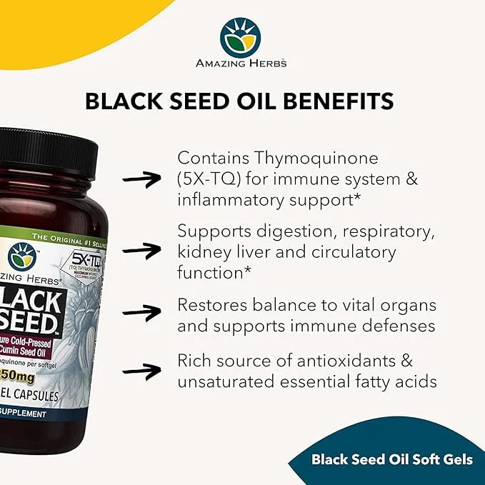 Amazing Herbs Premium Black Seed Oil Capsules - High Potency, Cold Pressed Nigella Sativa Aids in Digestive Health, Immune...