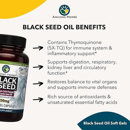 Amazing Herbs Premium Black Seed Oil Capsules - High Potency, Cold Pressed Nigella Sativa Aids in Digestive Health, Immune...