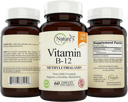 Nature's Potent Vitamin B-12, 5000mcg, Non-GMO B12) - (60 Tablets)