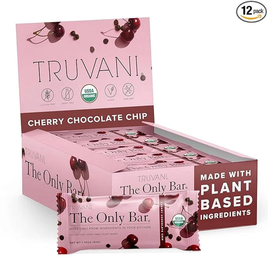 Truvani Plant Based Snack Bars | Cherry Chocolate Chip 12 Pack | 5g Protein | USDA Organic and Vegan | The Only Bar | Dair...