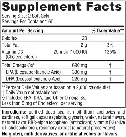 Nordic Naturals Omega-3D, Lemon Flavor 120 Soft 690 mg Omega-3 + 1000 IU D3 - 60 Servings