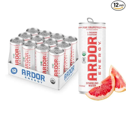 ARDOR ENERGY Sparkling Water Pink Grapefruit 12 pack with 100mg Organic Caffeine from Green Tea & 200mg Organic L-Theanine...