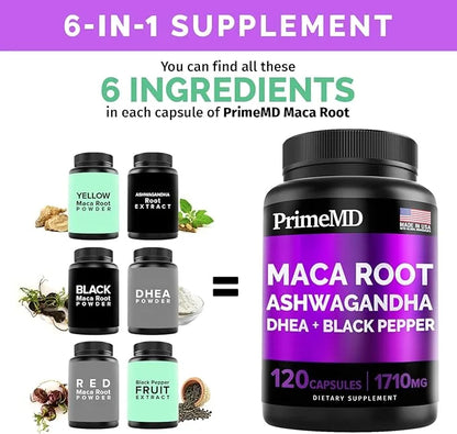 6-in-1 Organic Maca Root & Ashwagandha 1710mg w/DHEA Supplement,120 Capsules (40 Servings)