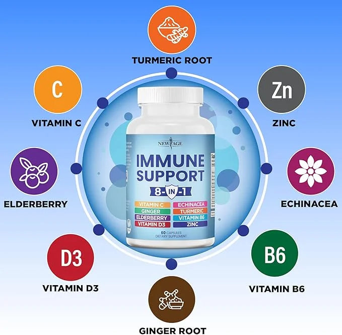 NEW AGE 8 in 1 Immune 50mg, Vitamin 5000 IU, B6, Elderberry (8 in 1 Capsules 3))