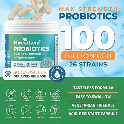 ForestLeaf Clinically Studied Probiotics 100 Billion 26 Strains 30 Capsules