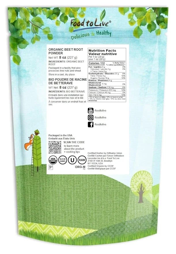 Food to Live Organic Beet Root Powder, 8 Ounces — Non-GMO, Raw, Kosher, 100% Pure, Vegan Superfood, Bulk, Rich in Iron and...