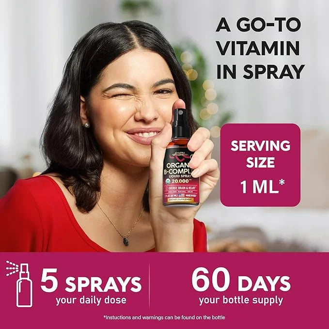 USDA Organic Vitamin B-Complex Liquid Spray 8-in-1 B5 Pantothenic B12 Methylcobalamin B1 Thiamine B6 Pyridoxine B7 Biotin ...