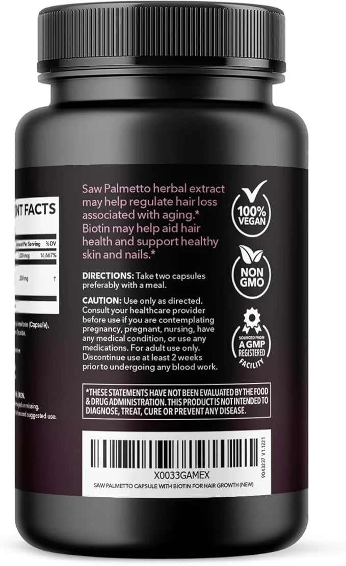 Saw Palmetto for Women with Biotin 5000mcg - Powerful DHT Blocker to Support Hair, Skin, and Nail Health - 120 Count - Veg...