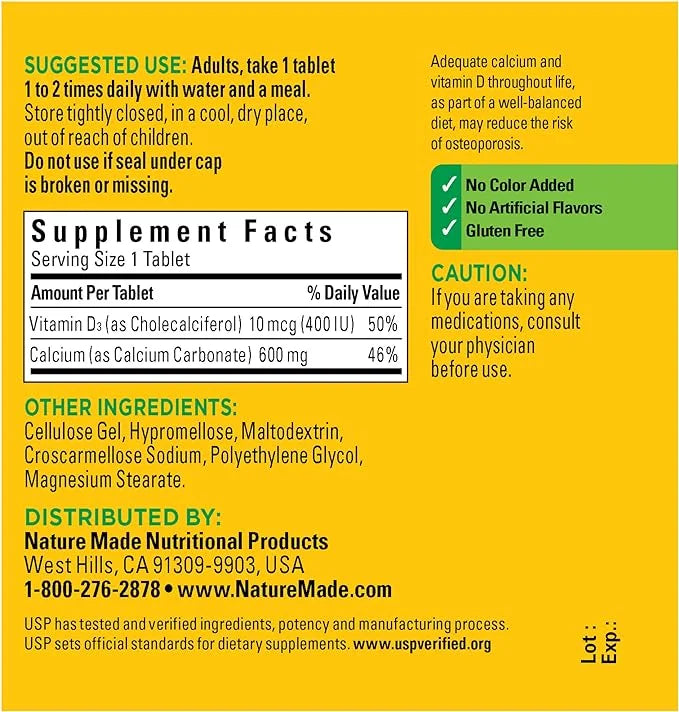 Nature Made Calcium 600 mg D3, Dietary 60 Tablets