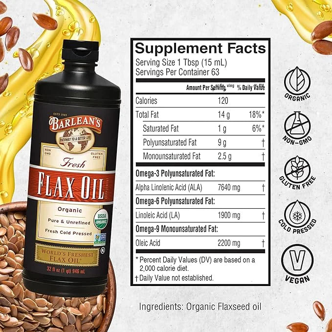 Barlean's Organic Flaxseed Oil Liquid, Cold Press Flax Seeds, 7,640mg ALA Omega 3 Fatty Acid Supplement for Joint and Hear...