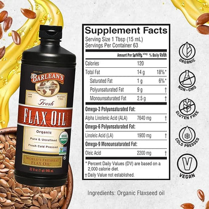 Barlean's Organic Flaxseed Oil Liquid, Cold Press Flax Seeds, 7,640mg ALA Omega 3 Fatty Acid Supplement for Joint and Hear...