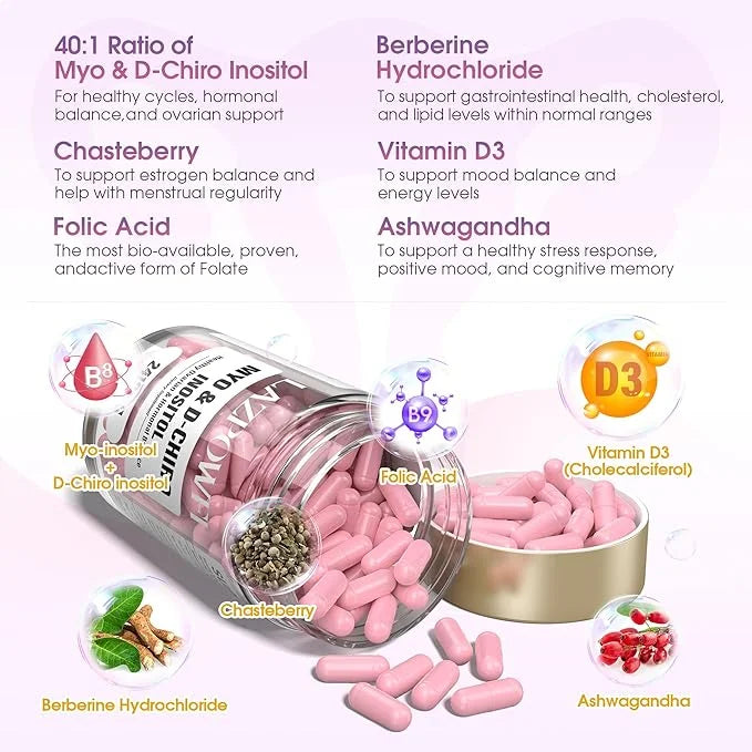 Inositol Supplement - Myo-Inositol and D-Chiro Inositol Plus Chasteberry,Berberine & Ashwagandha - Ideal 40:1 Ratio, Hormo...