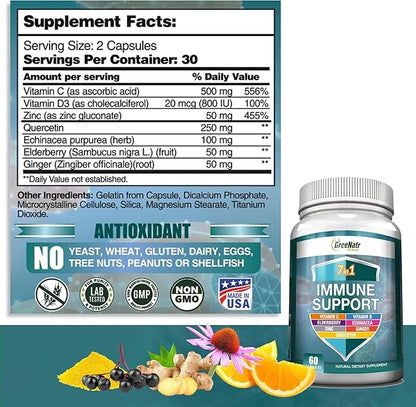 7 in 1 Immune Support Supplement D3, Zinc 50mg, Quercetin, 60 Capsules (1 Bottle)