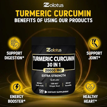 30 in 1 Turmeric Curcumin + 95% Curcuminoids, 20000mg, with 120 Capsules