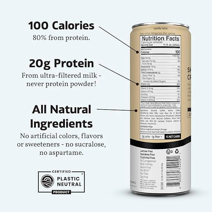 Slate Milk - High Protein Iced Coffee - Vanilla Latte - 175mg Caffeine, Lactose Free Energy - 20g Protein, 1g Sugar, 100 C...