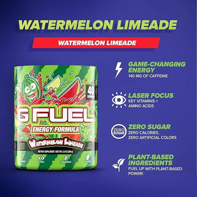 G Fuel Watermelon Limeade Energy Drink Powder, Pre Workout Caffeine Powder, Energy Powder Drink Mix for Gaming, Sugar Free...