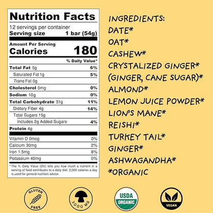 Wise Bar Adaptogen Mushroom Nutrition Bars with Reishi, Lions Mane & Ashwagandha, Organic Vegan & Gluten Free Snacks for N...