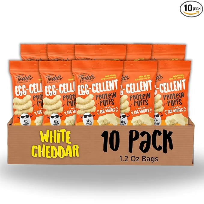 Todd's Better Snacks Egg-Cellent Protein Puffs, White Cheddar, 1.2 Oz (Pack of 10), Made with Egg Whites, 12g Protein, Glu...