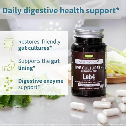 Live Cultures+ Lab4 Probiotics & Prebiotic, 25 Billion 30 Capsules,