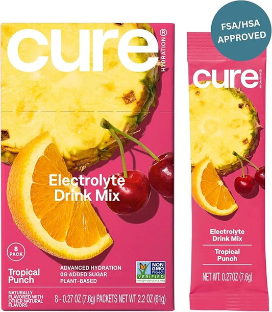 Cure Hydration | Plant-Based Electrolyte Drink Mix | No Added Sugar | FSA & HSA | Dehydration Relief Powder Made with Coco...