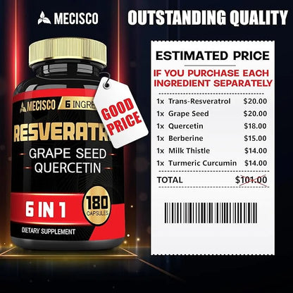 6in1 Trans Resveratrol Supplement with Grape 1000mg Organic 180 Capsules