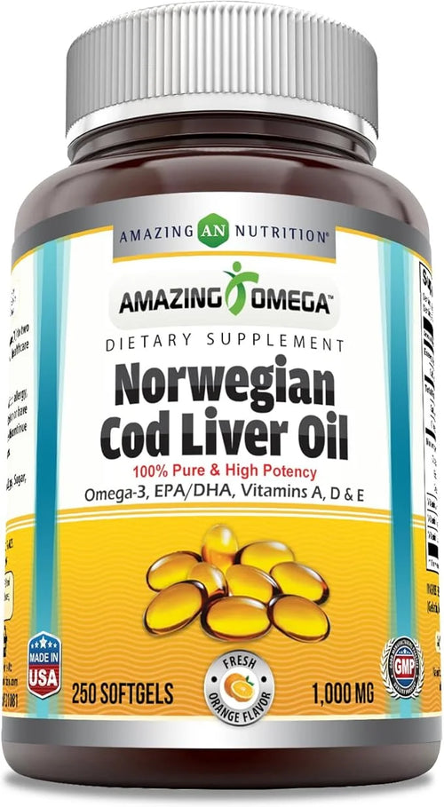 Amazing Omega Norwegian Cod Liver Oil 1000 Mg Omega-3, EPA, 250 Count)