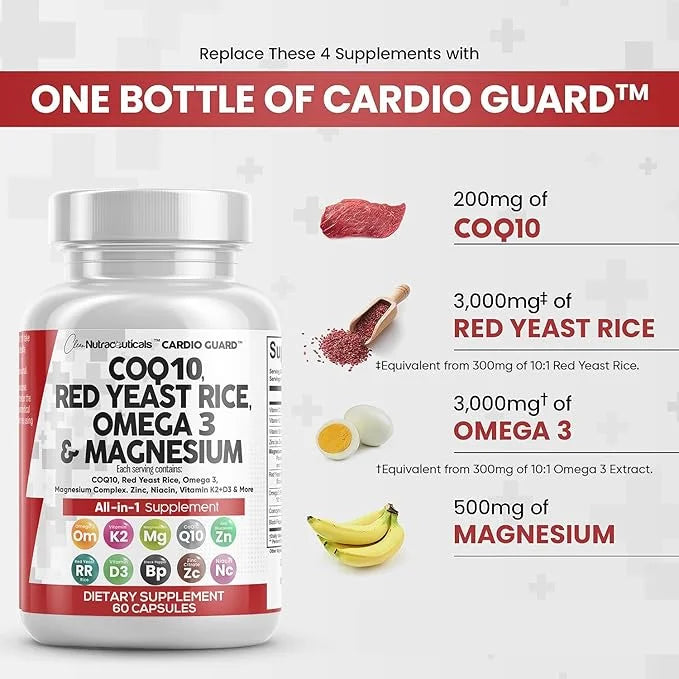COQ10 200mg Red Yeast Rice 3000mg 3 3000mg 3000mg Magnesium 500mg Niacin K2 D3 D3 - B3, Coenzyme Q10-60 Ct