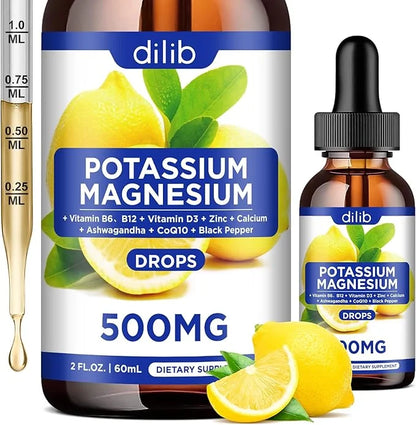 Potassium Magnesium Citrate Supplement, Liquid Magnesium Citrate Drops 500mg with Ashwagandha, Calcium, Zinc, Vitamin D3, ...