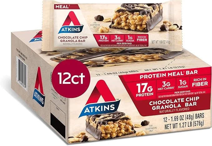 Atkins Chocolate Chip Granola Protein Meal Bar, High Fiber, 17g Protein, 12 Count and Chocolate Almond Caramel Bar, Keto-F...
