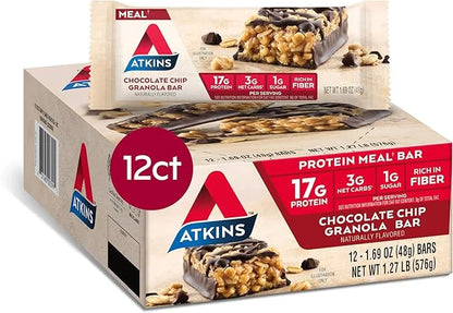 Atkins Chocolate Chip Granola Protein Meal Bar, High Fiber, 17g Protein, 12 Count and Chocolate Almond Caramel Bar, Keto-F...