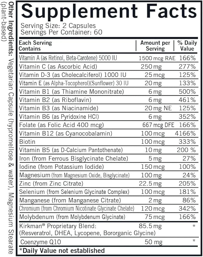 Kirkman 60 to 90 Men’s Multi-Vitamin and Mineral Boost || 120 Vegetarian Capsules || Provides Comprehensive Vitamin and Mi...